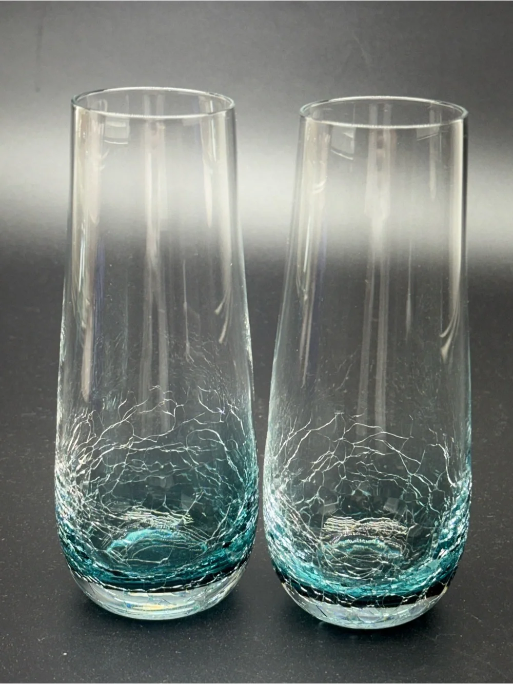 Vintage Pier 1 Teal Blue Crackle Glass  Stemless Champagne Mimosa Glasses